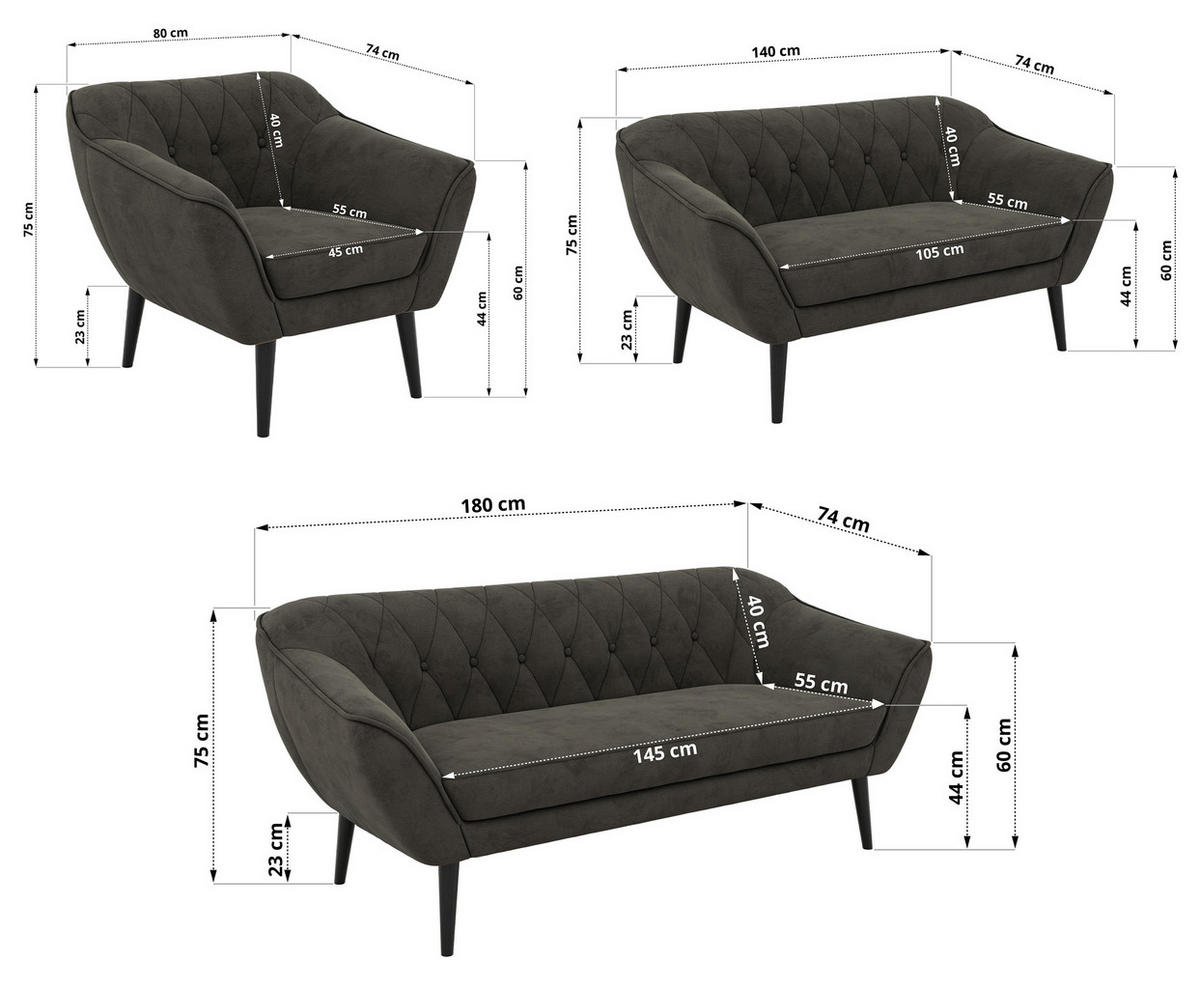 SEDACÍ SOUPRAVA 3+2+1 PIRS - Tmavě šedá Samet - Černé nohy - černá/tmavě šedá, kompozitní dřevo/textil (180/75/74cm) - MKS