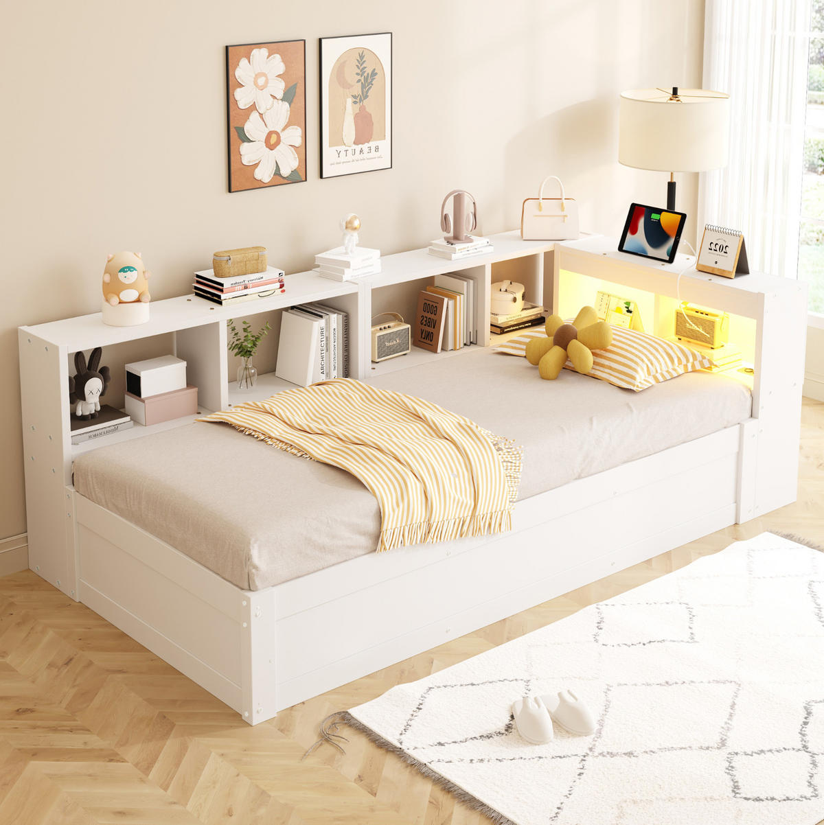 BETT 90/200 cm aus MDF mit LED, Steckdose, Weiß - Weiß, Holzwerkstoff (90/200cm) - OKMYHOME