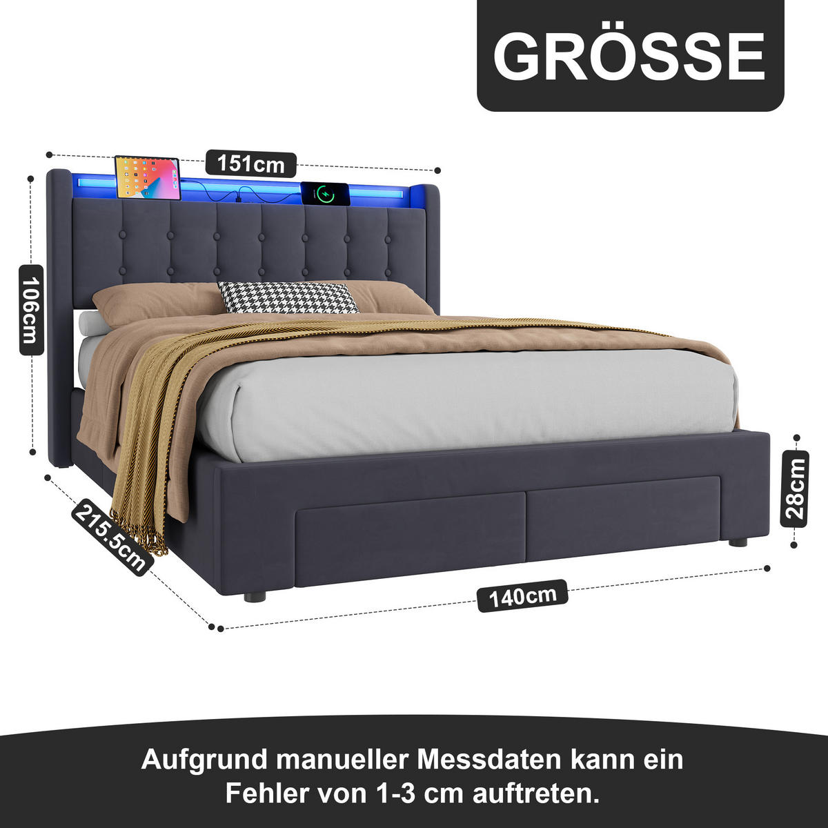 POLSTERBETT 140/200 cm mit Stauraum und Steckdose, mit Schubladen, ohne Matratze - Grau, Holzwerkstoff/Textil (140/200cm) - STILVORA