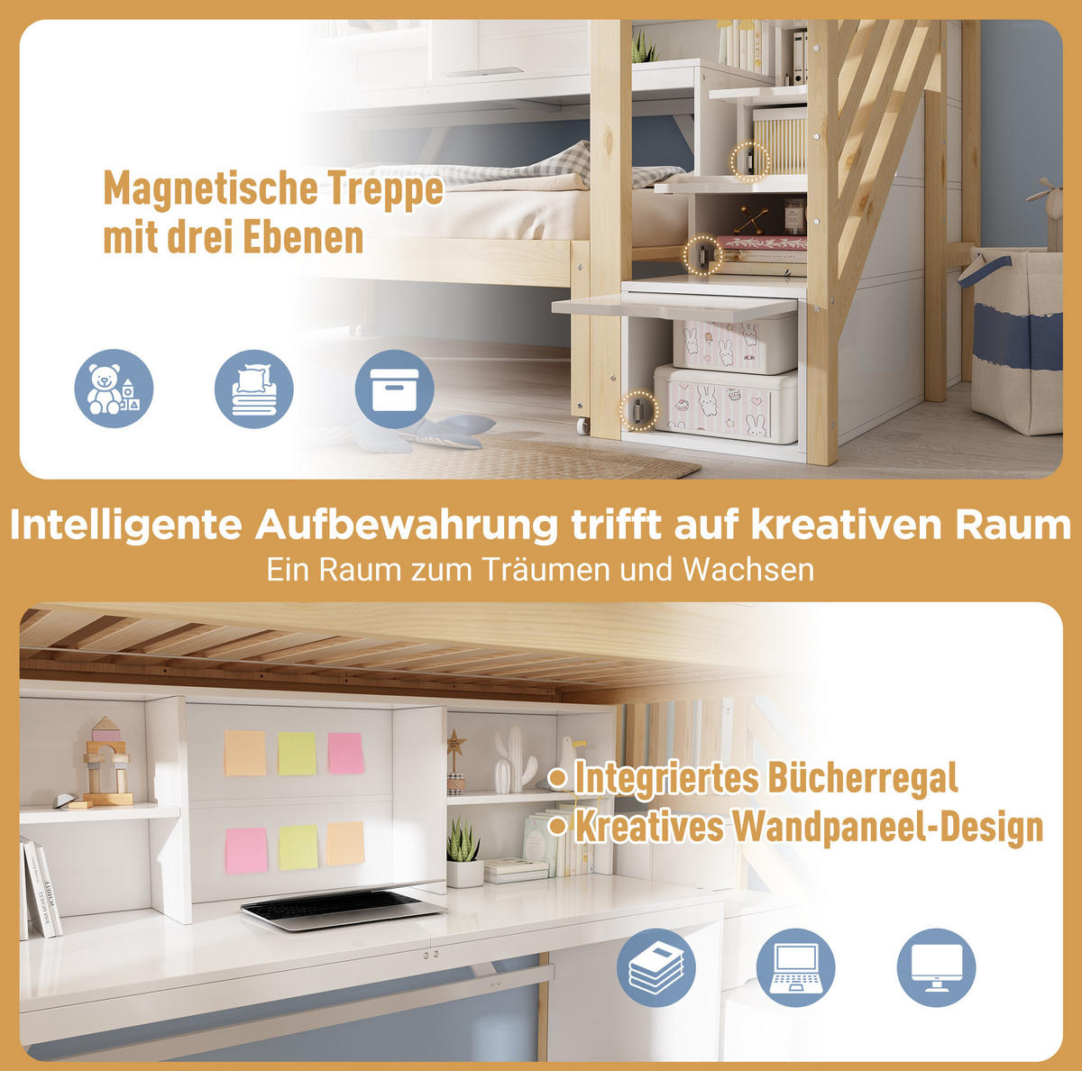ETAGENBETT aus Kiefernholz 90x200 cm Weiß & Eiche mit Schreibtisch, Ausziehbett, Stauraum und Leiter - Eichefarben, Holz (90/200cm) - Modfu