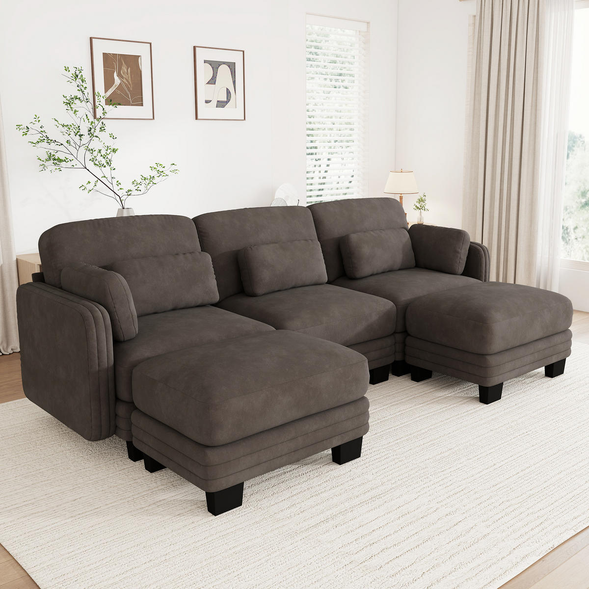 WOHNLANDSCHAFT U-Form 3-Sitzer mit 2 Hockern, DE-42686, Braun - Braun, Holz (253/88/143cm) - ComfortXL