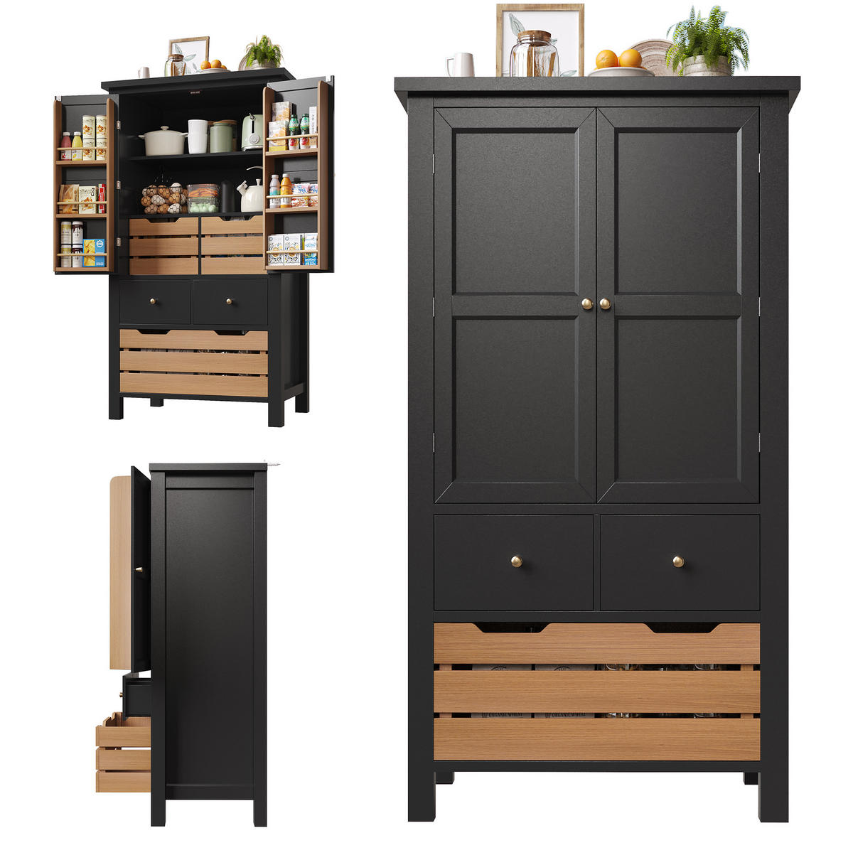 HIGHBOARD 80/40/140 cm in Schwarz mit 5 Schubladen und 2 Türen - Schwarz, Holzwerkstoff (80/140/40cm) - Flora Grace