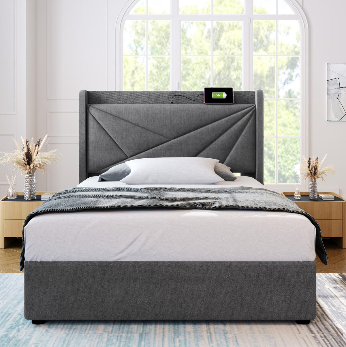 ČALOUNĚNÁ postel 96/208/107 cm šedá, s USB-C, úložným prostorem a matrací - šedá, textil (90/200cm) - BEAOK