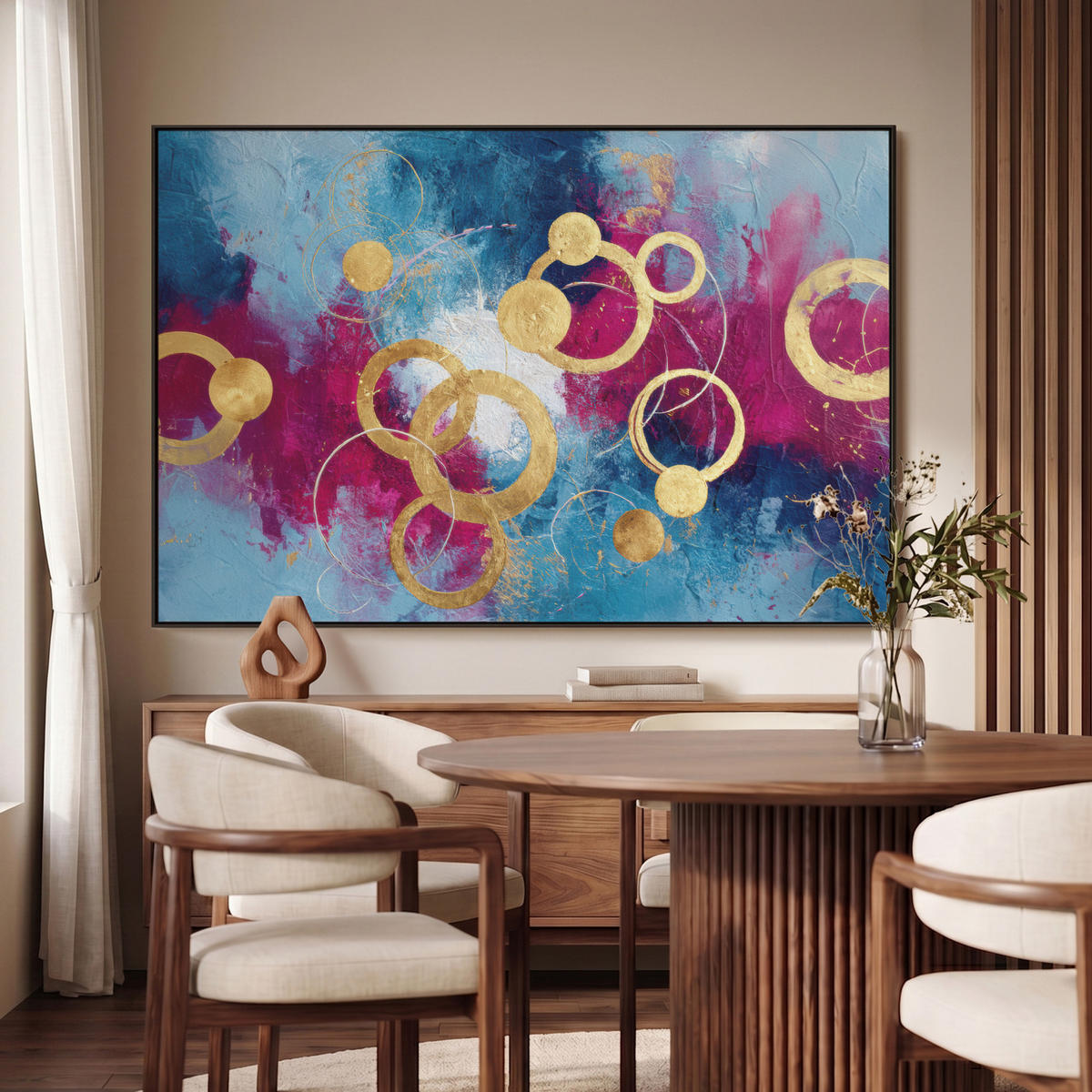 LEINWAND Bilder mit Rahmen - Kreise - Gold - Abstrakt - 140x90 - Blau, Textil (140/90cm) - MuchoWow