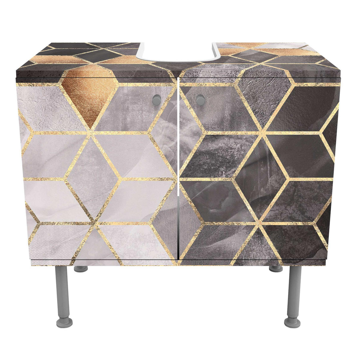 WASCHBECKENUNTERSCHRANK Schwarz Weiß goldene Geometrie 60/55/35 cm - Schwarz, Holzwerkstoff (60/55/35cm) - Bilderwelten