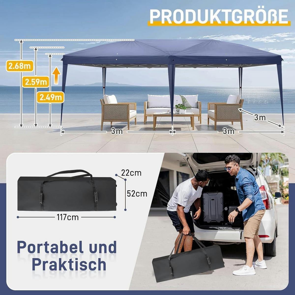 FALTPAVILLON 3 x 6 m Blau Wasserdicht UV-Schutz 50+ mit 6 Seitenteilen - Blau, Textil (300/268/600cm)