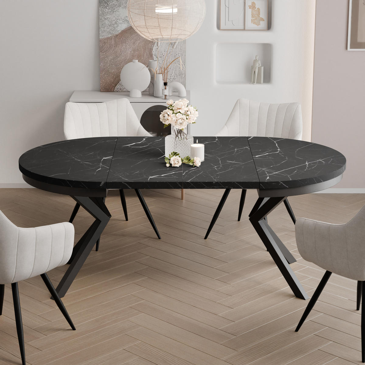AUSZIEHTISCH MILTON 90-166/76 cm mit Metallgestell, Schwarz / Grigia Pietra - Schwarz/Grau, Holzwerkstoff/Metall (90/90/76cm) - Idohome
