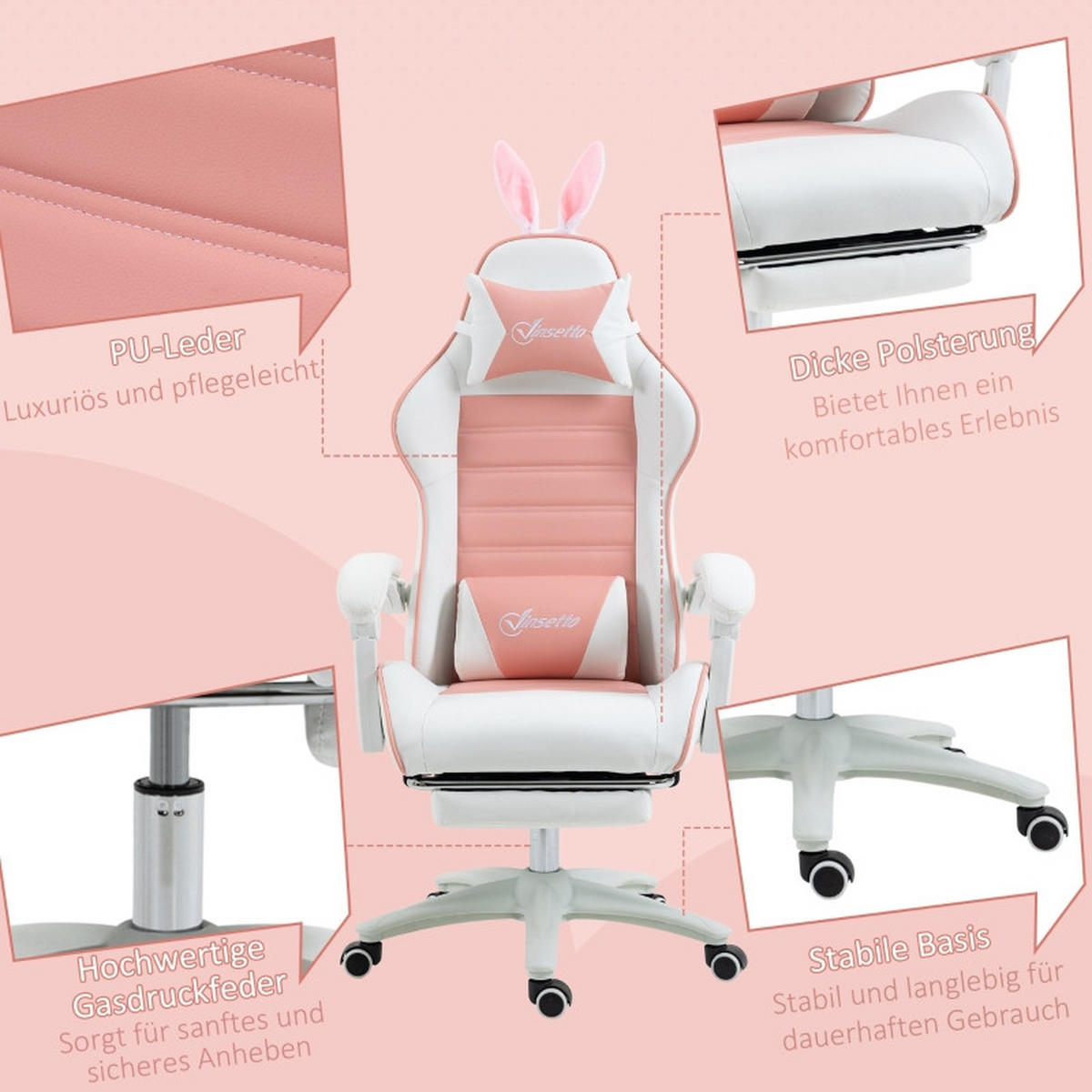 GAMINGSTUHL 65/63/136-142 cm, höhenverstellbar 44-52 cm, mit Fußstütze und Hasenohren, Bonded Leather, Pink - Pink, Kunststoff (63/142/65cm) - Redom