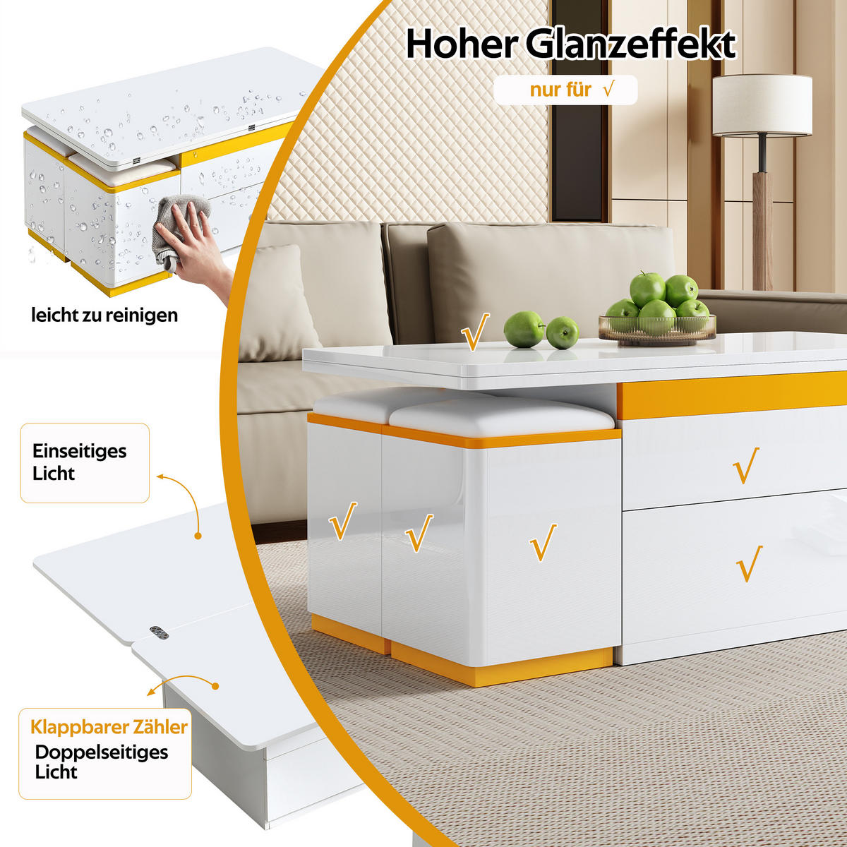 COUCHTISCH 100/50/43 cm Weiß Gelb höhenverstellbar mit Stauraum und 4 Hockern - Weiß, Holzwerkstoff (100/50/43cm) - OKWISH