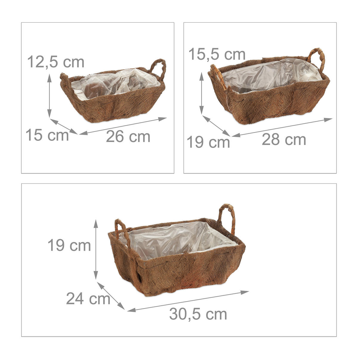 3xBLUMENKASTEN - Braun, Holz/Kunststoff (30.5/19/24cm) - Relaxdays