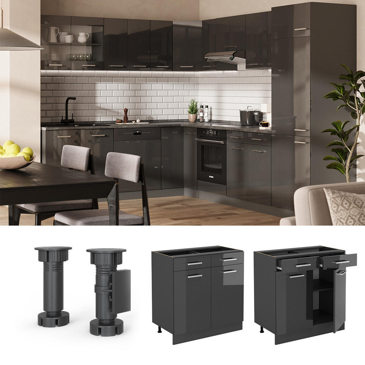 KÜCHENUNTERSCHRANK R-Line Anthrazit Hochglanz 80 cm AP Marmor - Schwarz Hochglanz/Anthrazit, Holzwerkstoff (80/81.6/60cm) - Vicco