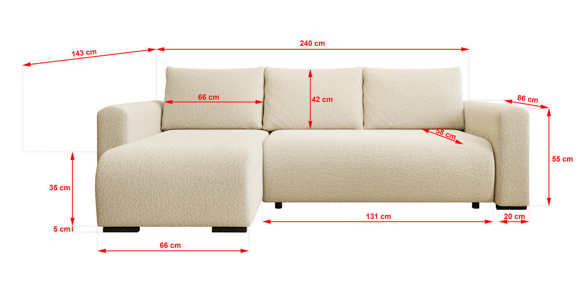 ECKSOFA DORA L, Eckcouch in L-Form mit Schlaffunktion und Bettkasten, Farbe: Beige, Bouclé-Stoff, Ottomane Links - Beige, Textil (240/143cm) - Storez24