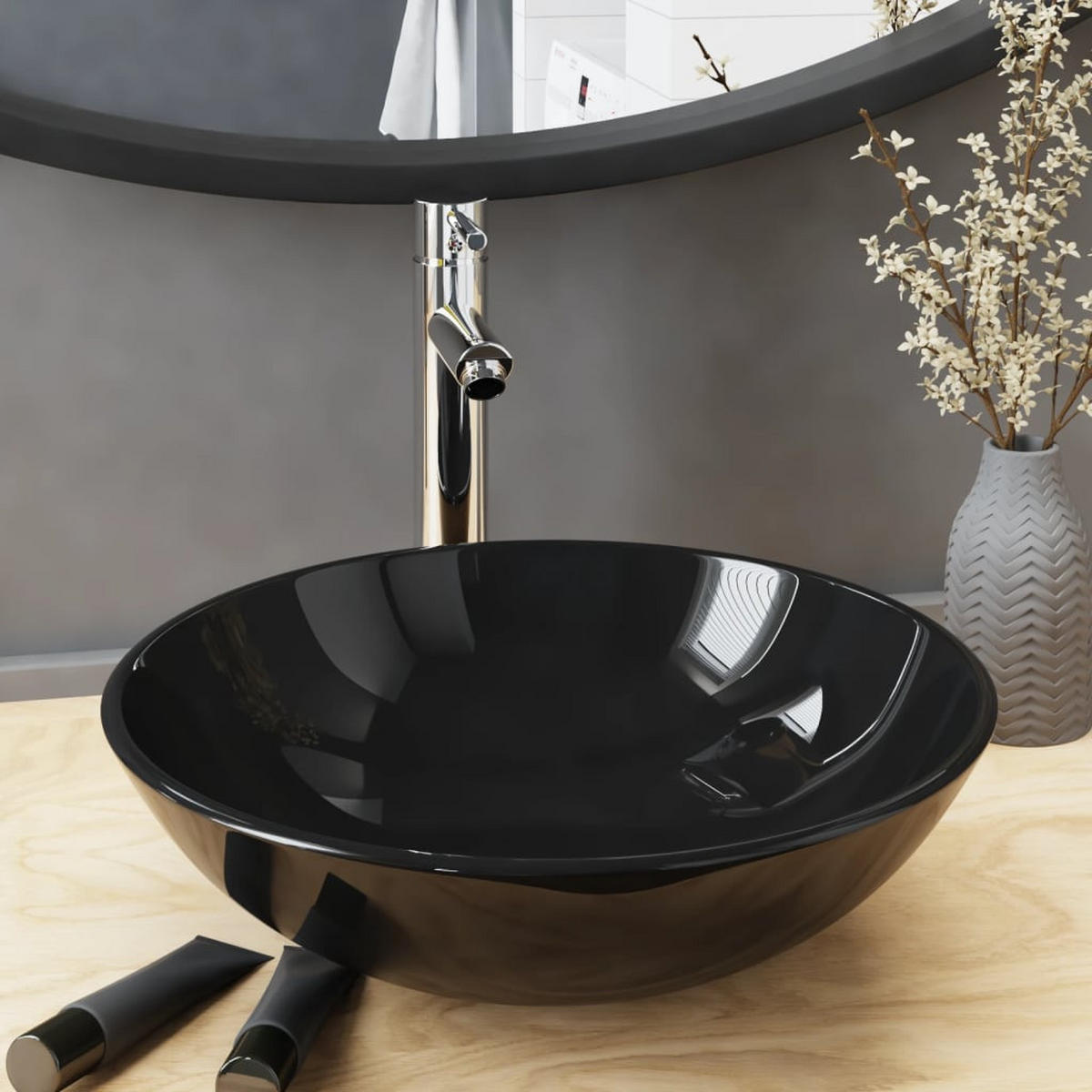 WASCHBECKEN mit Waschtischarmatur Lawler 42/42/13 cm - Schwarz, Keramik (42/13/42cm) - Nettlife