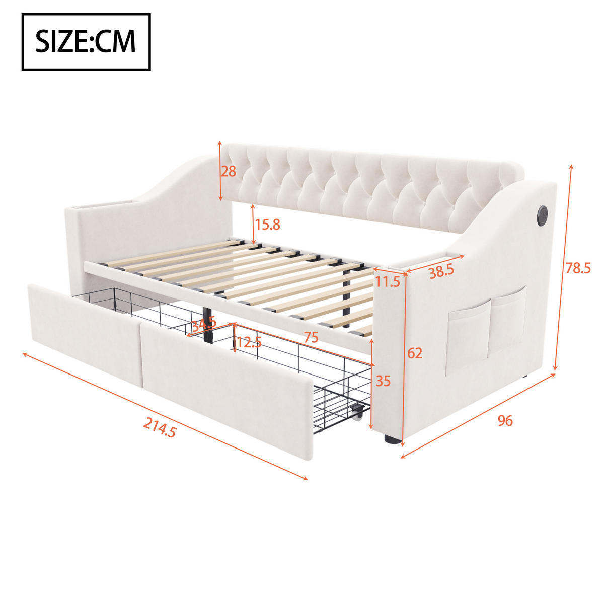 POLSTERBETT 90/190 cm aus Samt mit Stauraum und USB- und Type-C-Anschlüssen - Beige, Textil (90/190cm) - Flora Grace