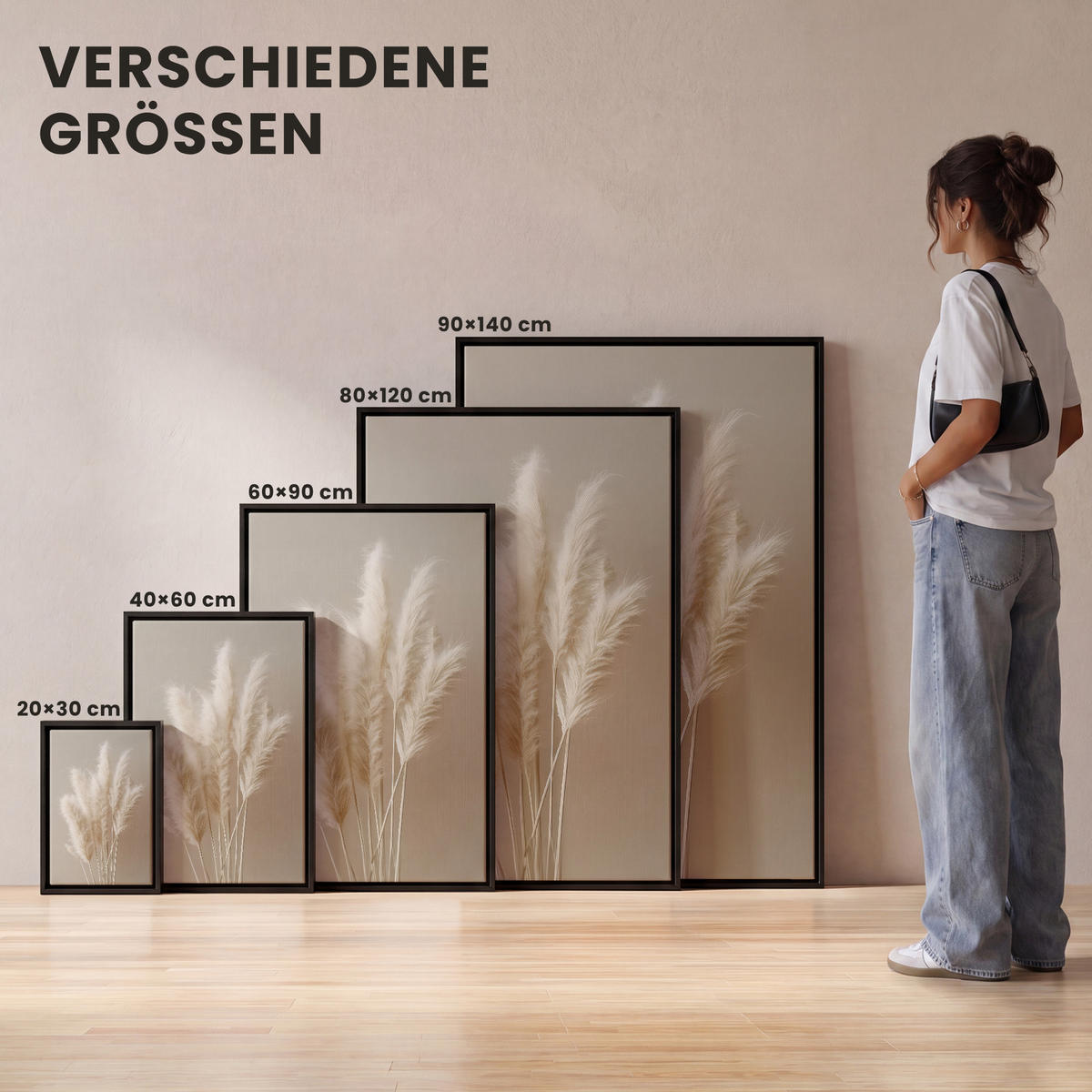 LEINWAND Bilder mit Rahmen - Pampasgras - Federn - Pastell - Weiß - 60x90 - Naturfarben, Textil (60/90cm) - MuchoWow