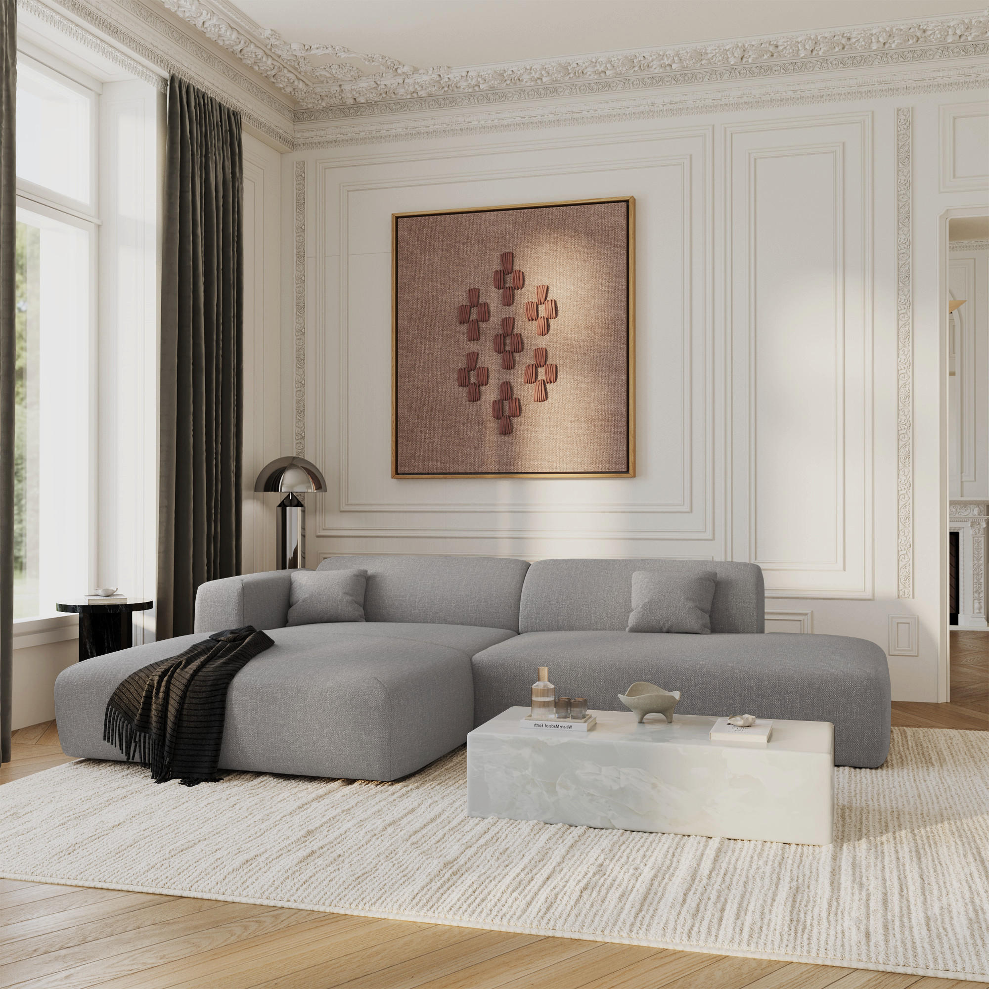 ECKSOFA LINKS Rastergewebe Hellgrau 310cm - Hellgrau/Grau, Textil (300/96cm) - Sia Home