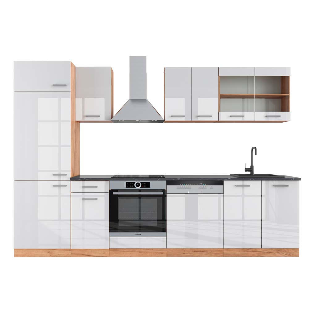 KÜCHENZEILE R-Line Weiß Hochglanz/Goldkraft Eiche 300 cm, AP Anthrazit - Honigeiche/Weiß Hochglanz, Holzwerkstoff (300/81.6/60cm) - Vicco
