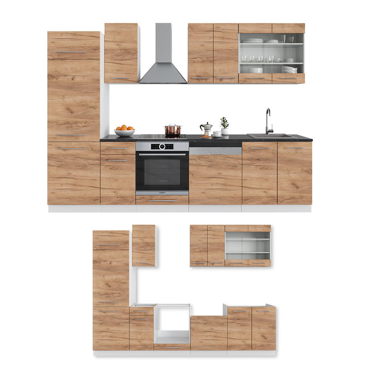 KÜCHENZEILE Fame-Line Goldkraft Eiche/Weiß 300 cm ohne AP - Eiche Wotan/Weiß, Holzwerkstoff (300/81.6/46cm) - Vicco