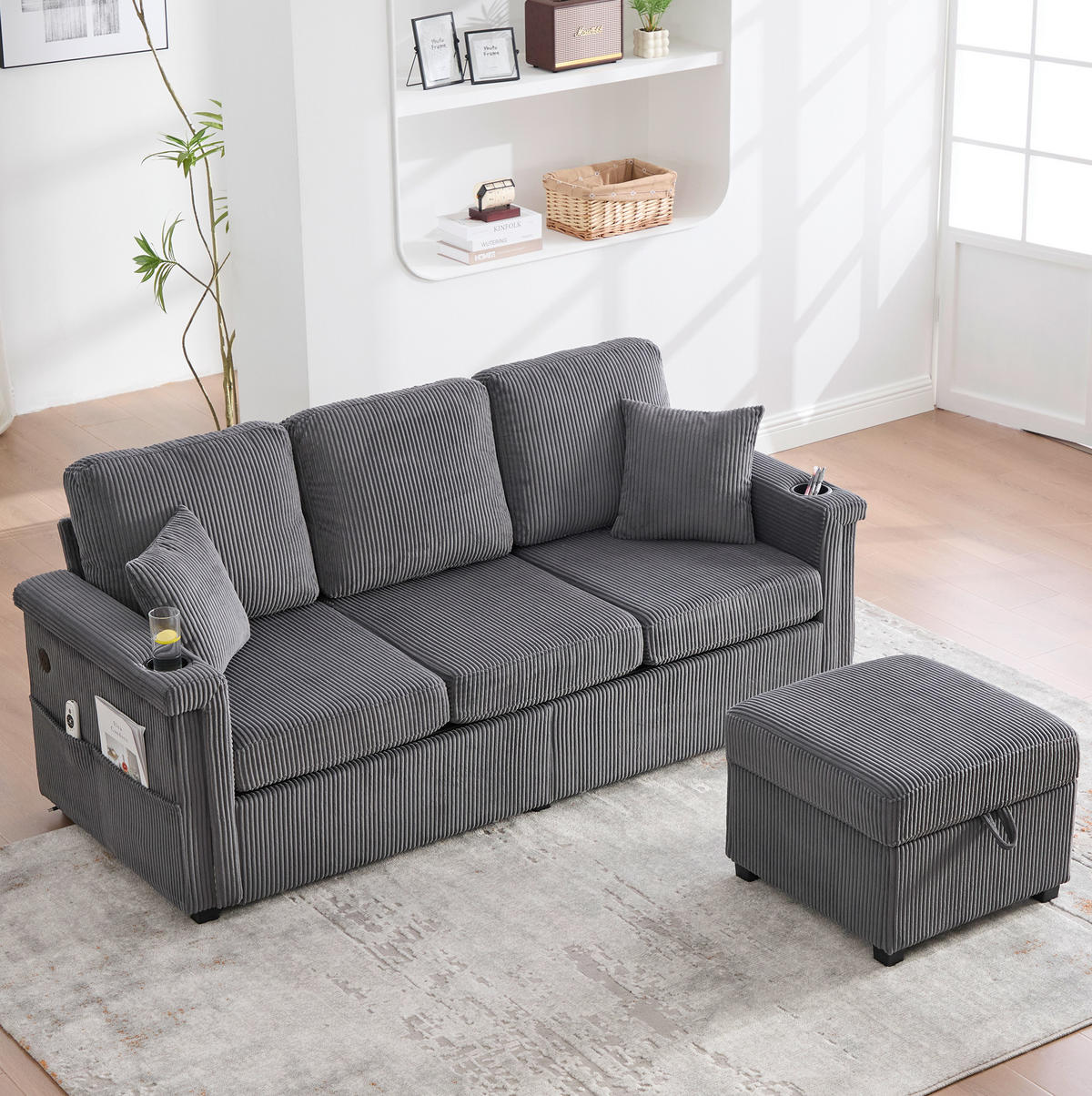 SOFA mit LED und USB/TYPE-C 194 x 73 x 81 cm Corduroy Dark Gray - Dunkelgrau, Kunststoff (194/81/73cm) - Meubliv