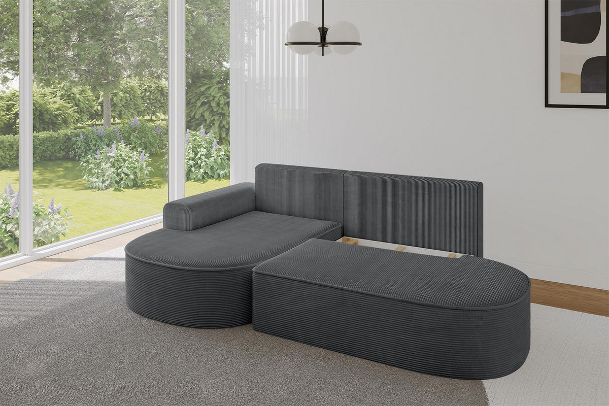 ECKSOFA mit Schlaffunktion und Bettkasten Ottomane Links MARI-L1-S - 283x167x85 cm Dunkelgrau Cord - Alufarben/Schwarz, Holzwerkstoff/Kunststoff (283/167cm) - ALTDECOR