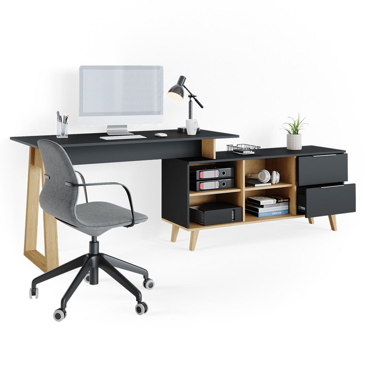 SCHREIBTISCH Nautica Anthrazit 138 x 60 cm mit Schubladen, XXL - Anthrazit/Buchefarben, Holzwerkstoff (60/138/77cm) - Vicco