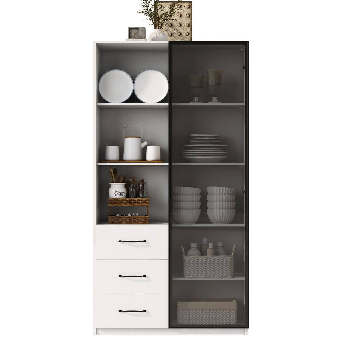 HIGHBOARD 80/40/160 cm in Weiß mit LED-Beleuchtung und 3 Schubladen - Weiß, Holzwerkstoff (80/160/40cm) - Flora Grace