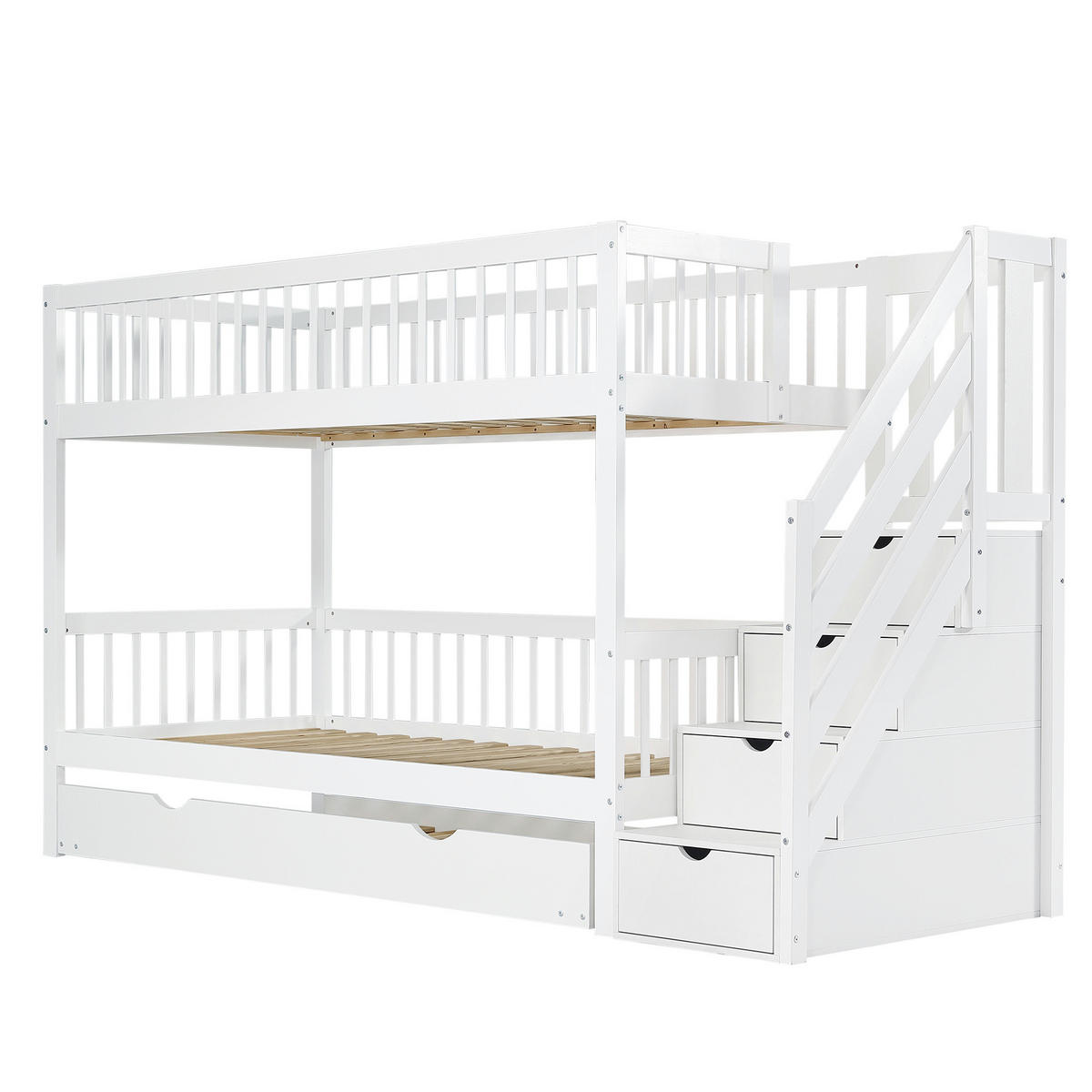 ETAGENBETT 253/95/150 cm aus Kiefer und MDF mit Rollbett und Leiterschrank Weiß - Weiß, Holz (90/200cm) - Modenvie