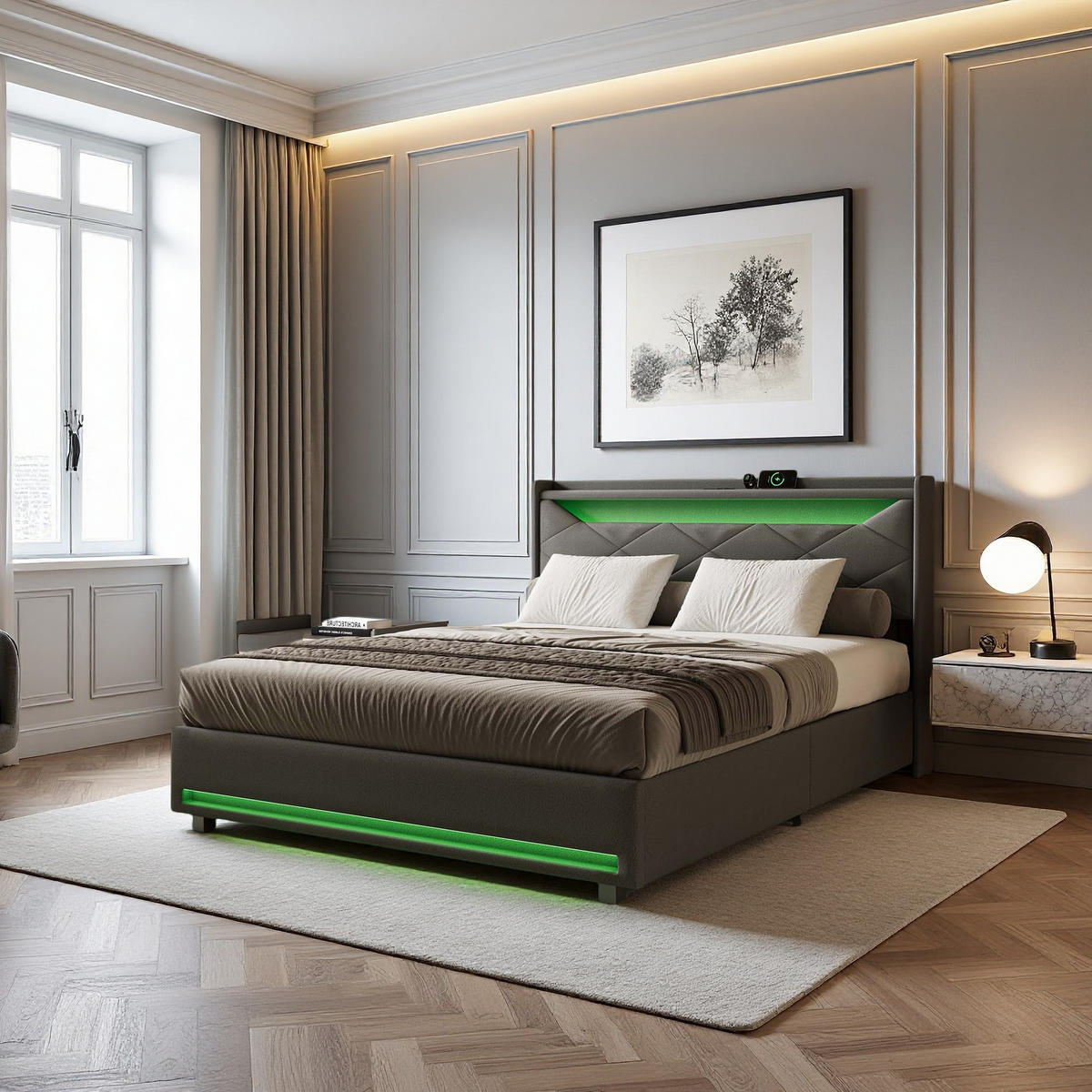 POLSTERBETT 140x200 cm Grau Leinen LED USB Stauraum - Grau, Metall (140/200cm) - SHOPENTRA