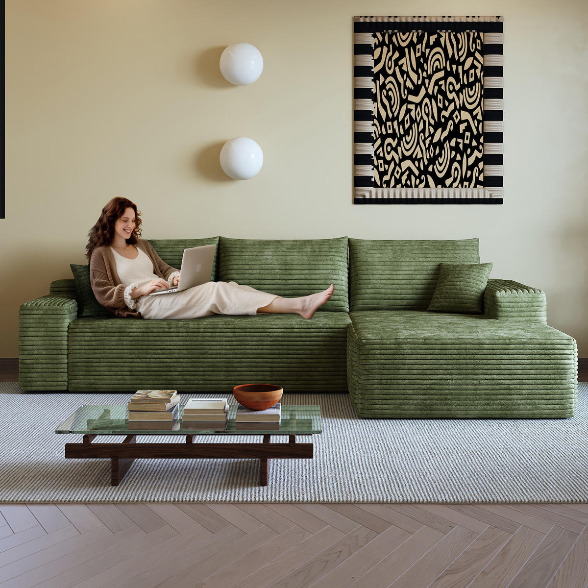 ECKSOFA 270/175/83 cm Grün Cord mit Chaiselongue, Rechte Seite - Grün, Textil (270/175cm) - Oxeza