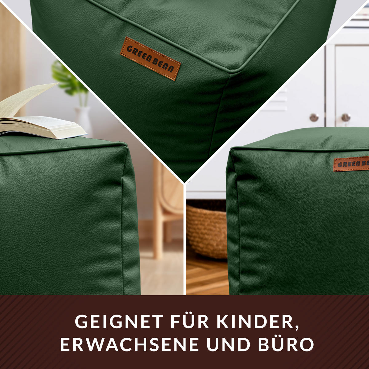 INDOOR HOCKER Cube eckig Kunstleder - Dunkelgrün, Textil (40/40/40cm) - Green Bean
