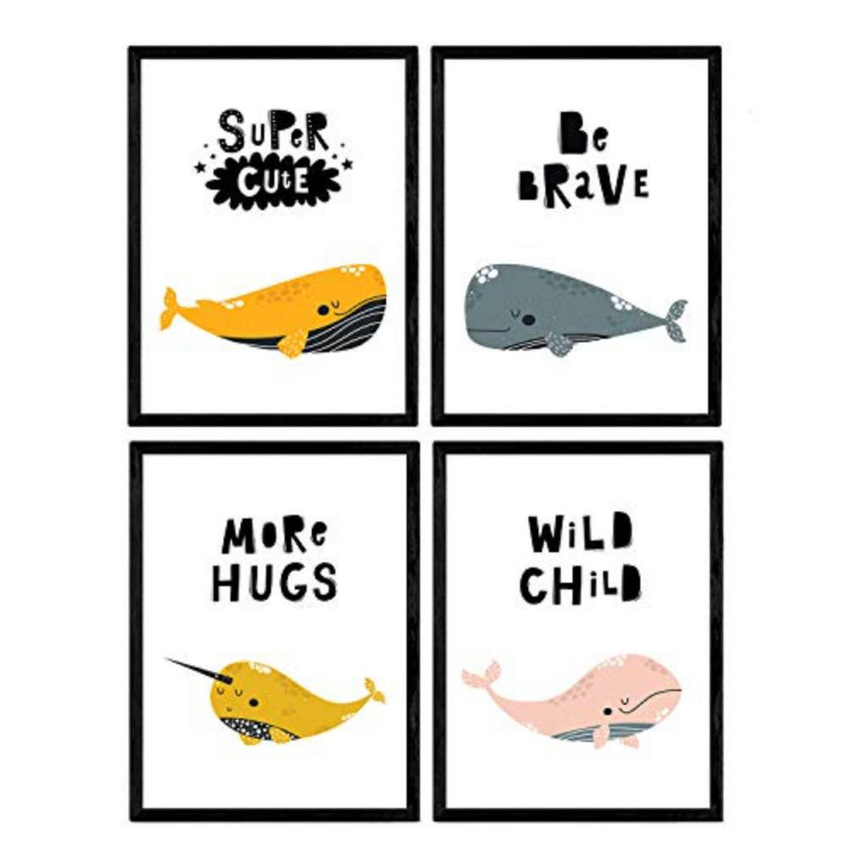 POSTER Set mit 4 Wale umarmen schön und mutige Worte Wilde A4 Rahmenlos - Klar, Papier (29.7/3cm) - Nacnic