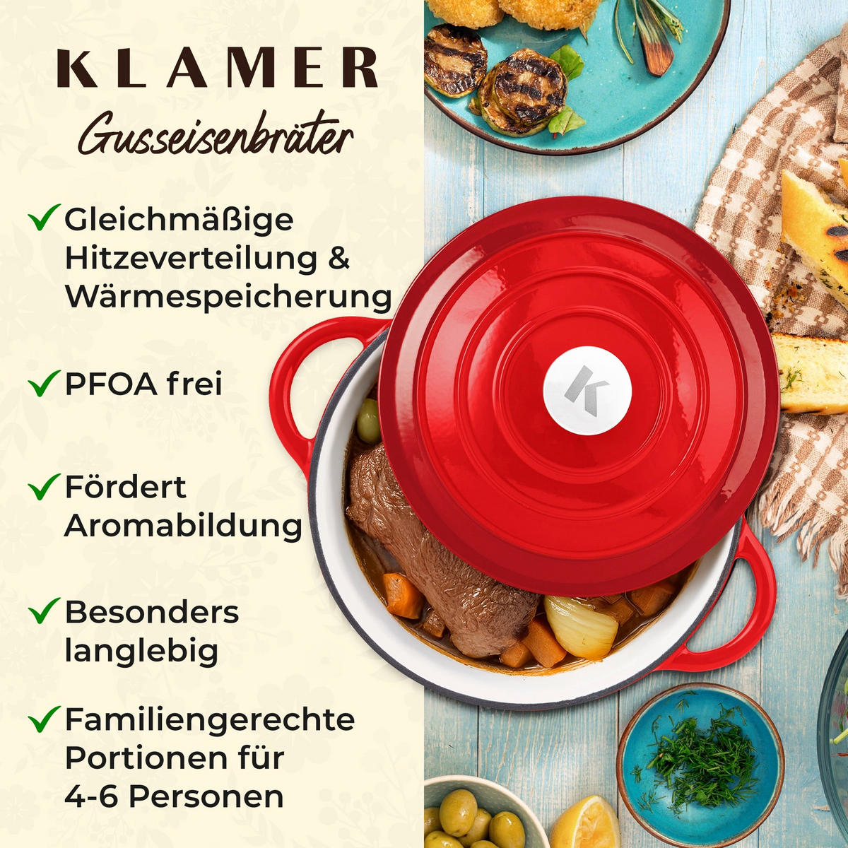 BRÄTER Gusseisen 5 L - Rot, Metall (33.5/26/17.5cm) - KLAMER