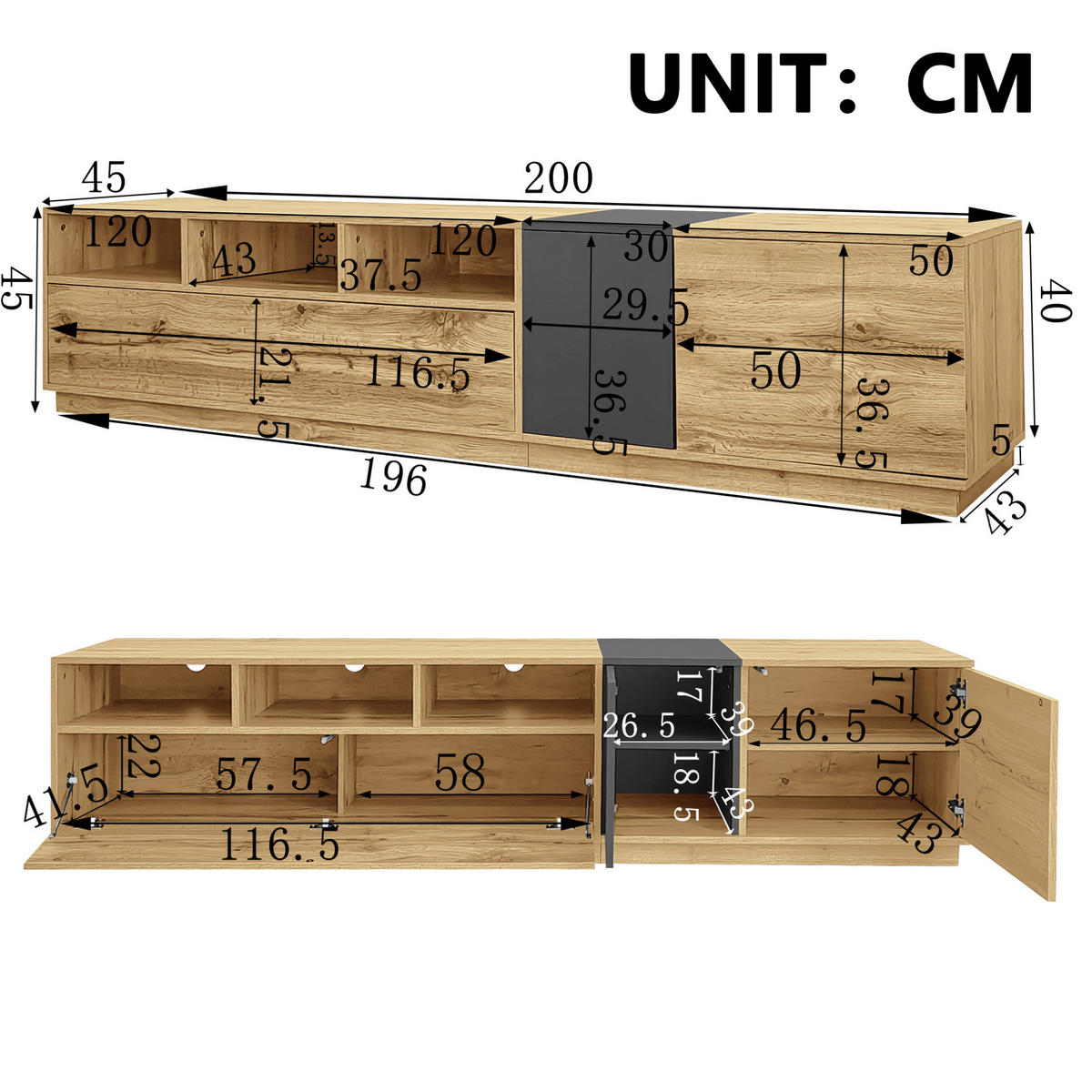 TV-LOWBOARD 200/45/45 cm mit Kabeldurchlass und 3 Türen - Schwarz, Holzwerkstoff (200/45/45cm) - BEAOK