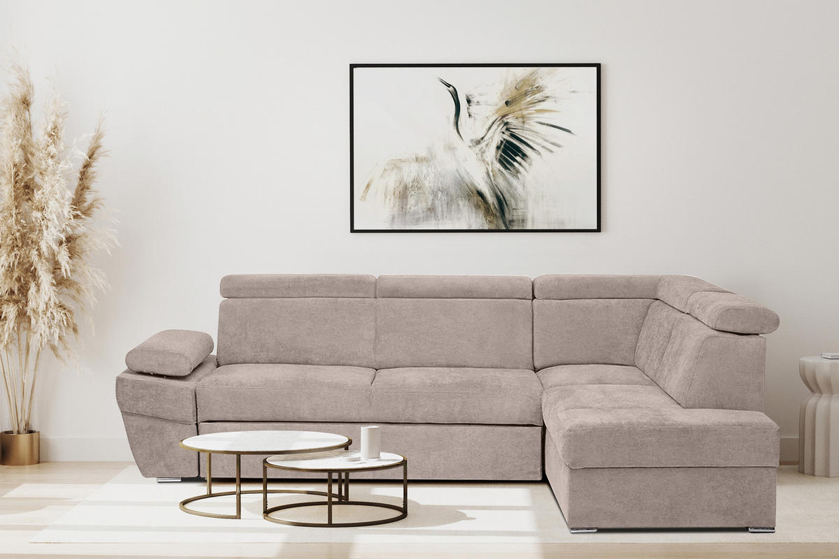 SCHLAFECKSOFA RATLO rechts 4/5-Sitzer mit Bettkasten in Lederoptik, Beige - Beige/Silberfarben, Textil (270/190cm) - KONSIMO®