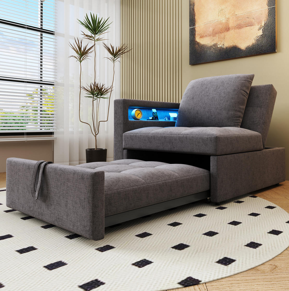 SCHLAFSOFA 3-in-1 Leinenstoff mit 5-fach verstellbarer Rückenlehne und USB-Anschluss Dunkelgrau 177/68/65 cm - Dunkelgrau, Textil (68/65/177cm) - Redom