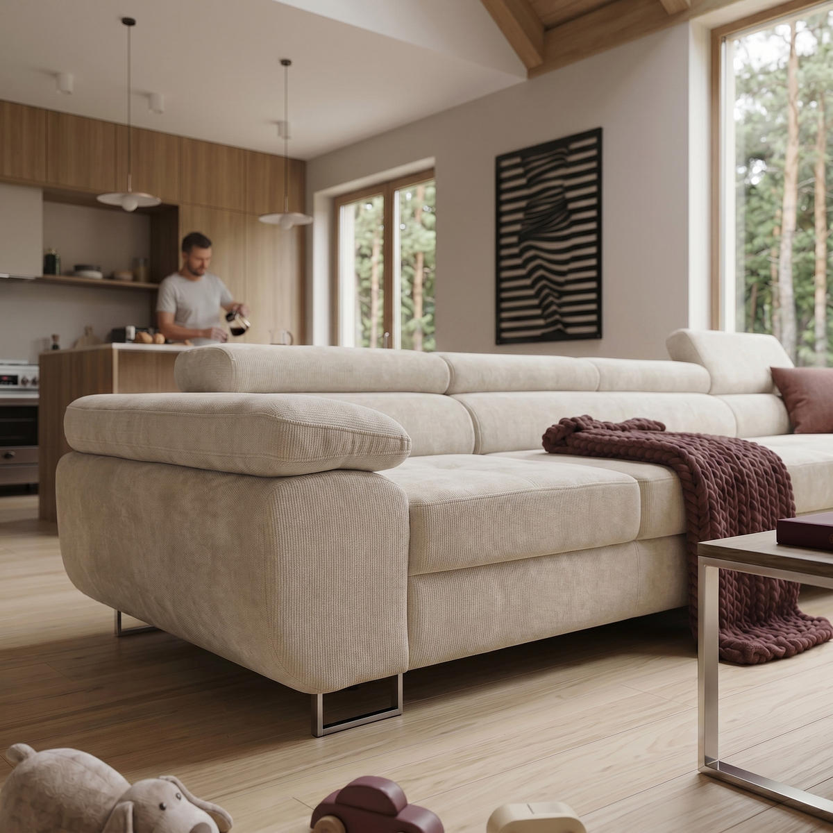 ECKSOFA ALONZO MAXI Rechts mit Schlaffunktion 125x195 Chenille Beige - Chromfarben/Beige, Holz/Textil (350/203cm) - Muffo