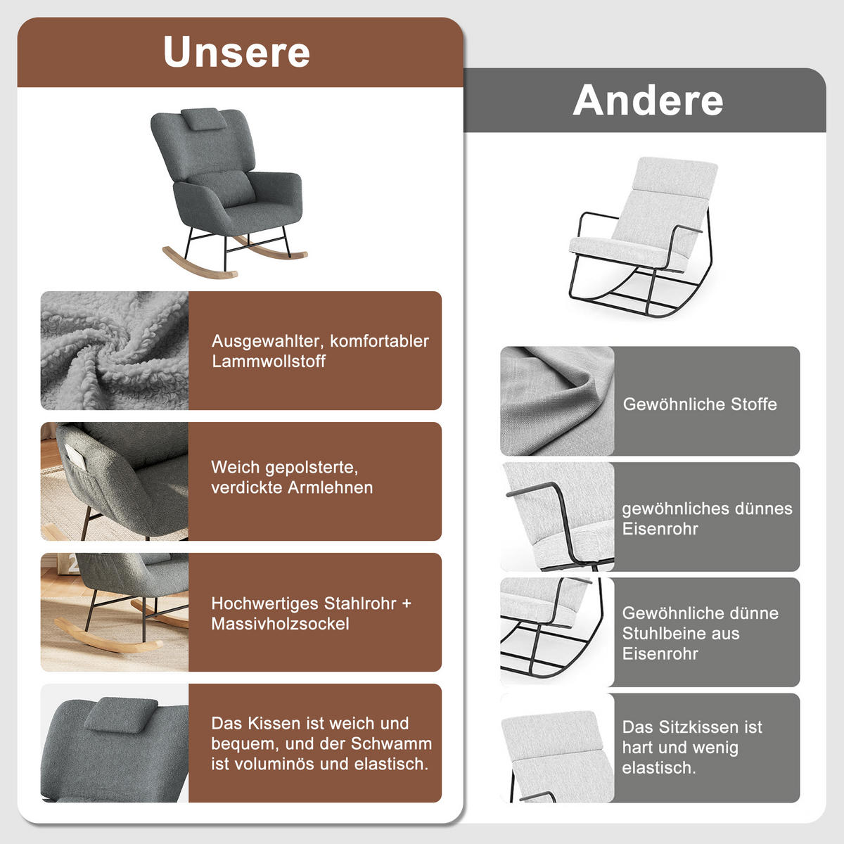 SCHAUKELSTUHL mit Hocker, Grau ,Lendenkissen, Kopfstütze, Seitentaschen und Massivholzsockel, Lammwolle Stoff-für Wohnzimmer, Schlafzimmer - Grau, Holz/Metall (75/42/93cm) - BursDany