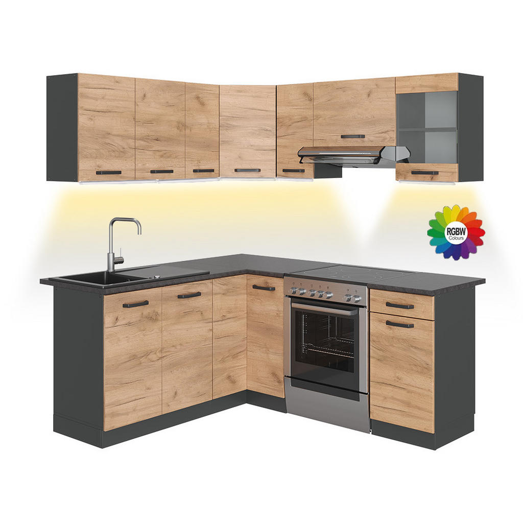 BUCATARIE DE COLT R-Line, Stejar auriu/antracit, 187 x 167 cm AP Antracit cu benzi LED