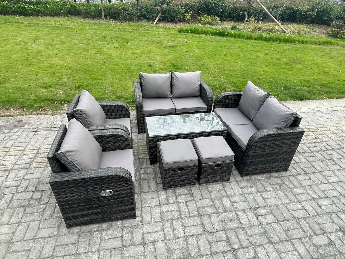 GARTENMÖBEL SET mit Sofa Polyrattan 8-Sitzer Dunkelgrau - Dunkelgrau/Grau, Glas/Kunststoff - Fimous
