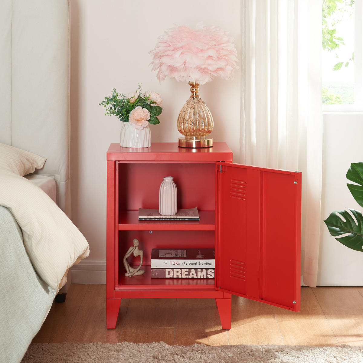 NACHTSCHRANK Inari - Rot, Metall (40/57/30cm) - [en.casa]