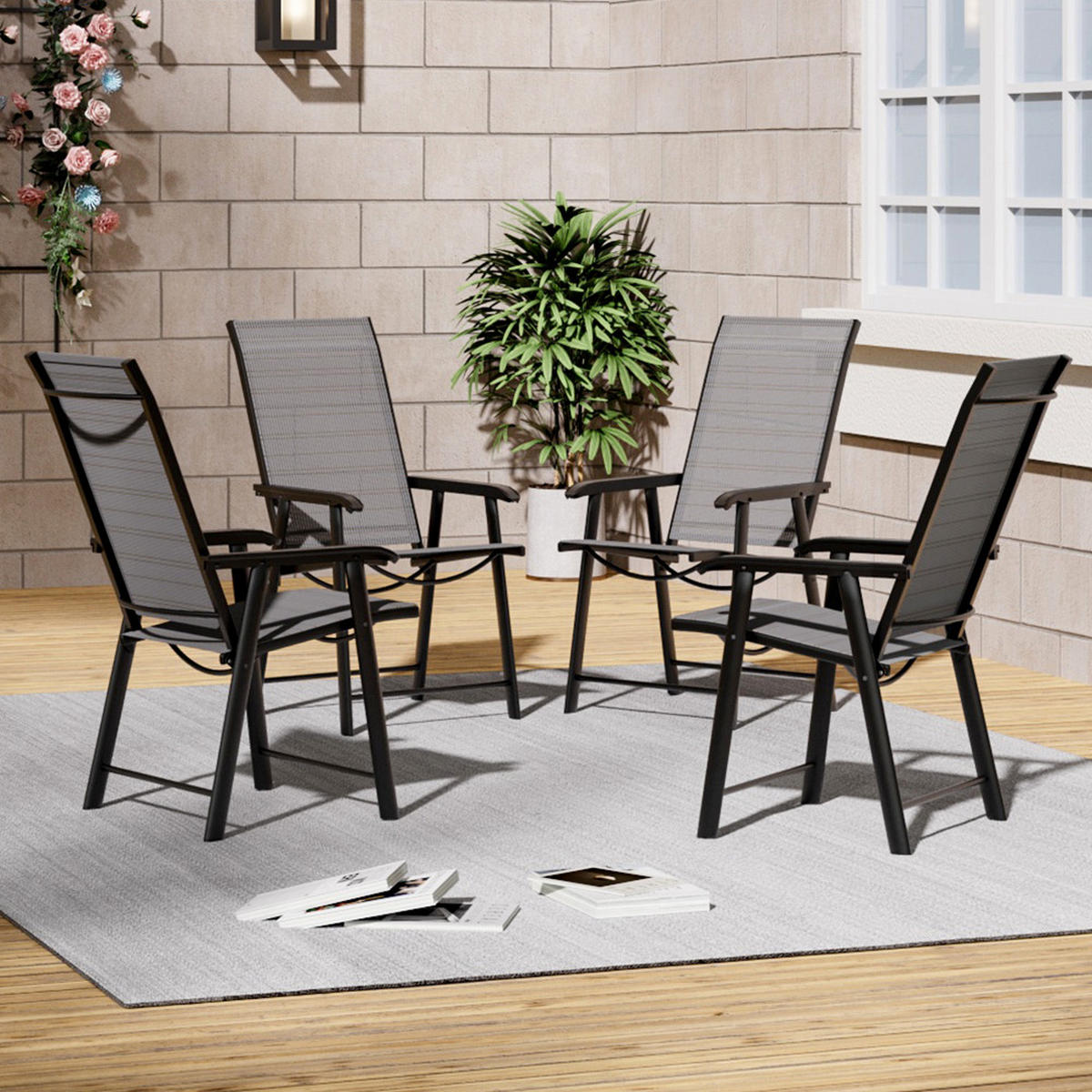 KLAPPSTUHL-SET(4 Stühle) aus Metall Stoff in Schwarz für Garten Balkon oder Terrasse robust wettfest Tragbares Design59 × 66  × 95 cm - Schwarz, Metall (59/95/66cm) - Livingandhome