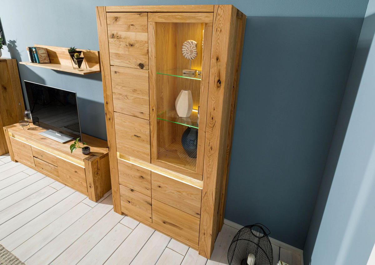 VITRINE Wildeiche 113x40x205 natur geölt KENT #102 - Braun, Holz (113/205/40cm) - Massivmoebel24