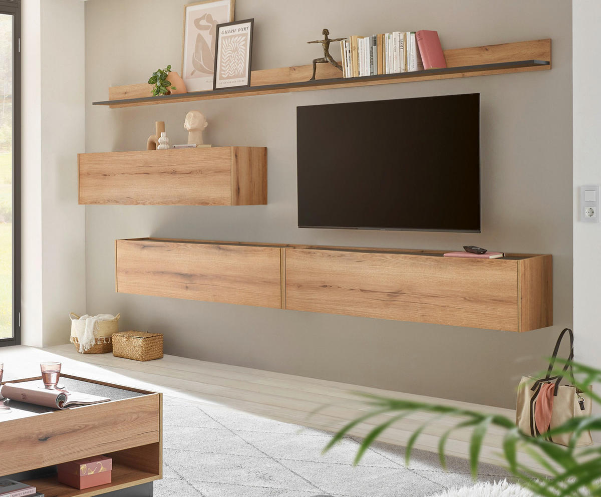 WOHNWAND Evoke Eiche, grau, Set 5-teilig mit XXL TV-Board, 340 cm - Eichefarben/Grau, Holz/Holzwerkstoff (340/180/30cm) - Furn.Design