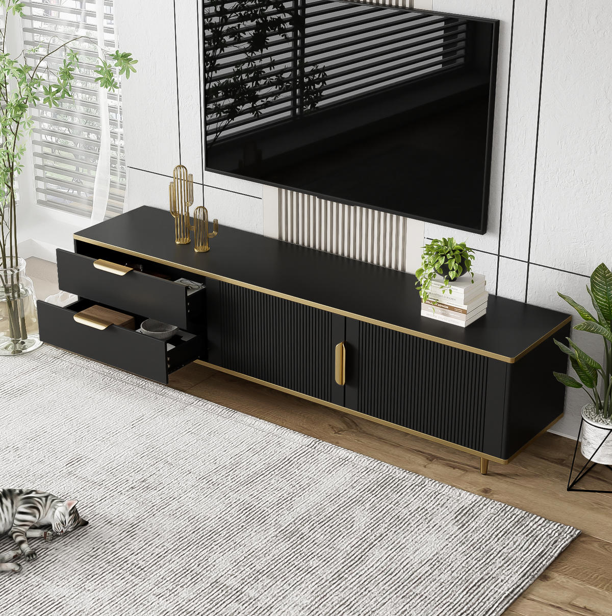 TV-LOWBOARD in Schwarz mit Golddetails, 2 Schubladen und 2 Türen 175/40/45 cm - Schwarz, Holzwerkstoff (175/45/40cm) - Redom