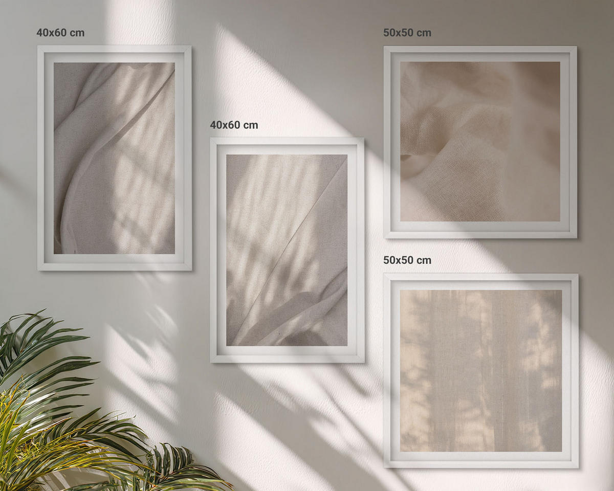 BILDER SET 4er Set - 50x50 cm & 40x60 cm Weißer Rahmen - Nahaufnahme von natürlichen Boho-Stoffen - Weiß, Kunststoff (50/50cm) - TULUP