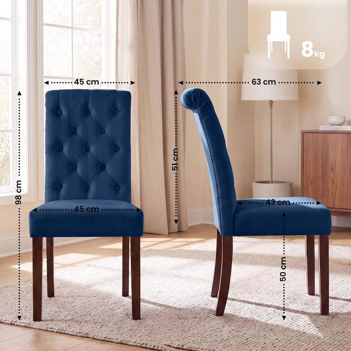 STUHL 2er Set Samt Blau - Blau/Walnussfarben, Holz/Textil (45/98/63cm) - CLP