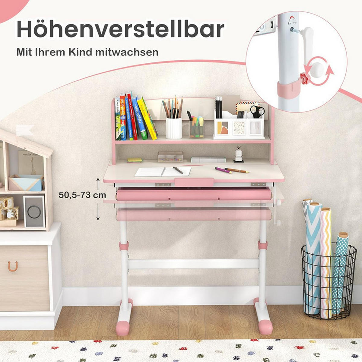 KINDERSCHREIBTISCH Höhenverstellbarer rosa - Pink, Metall (80/81.5/51cm) - COSTWAY