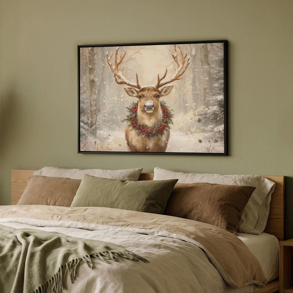LEINWAND Bilder mit Rahmen - Weihnachten - Rentier - Winter - Kranz - 80x60 - Naturfarben, Textil (80/60cm) - MuchoWow