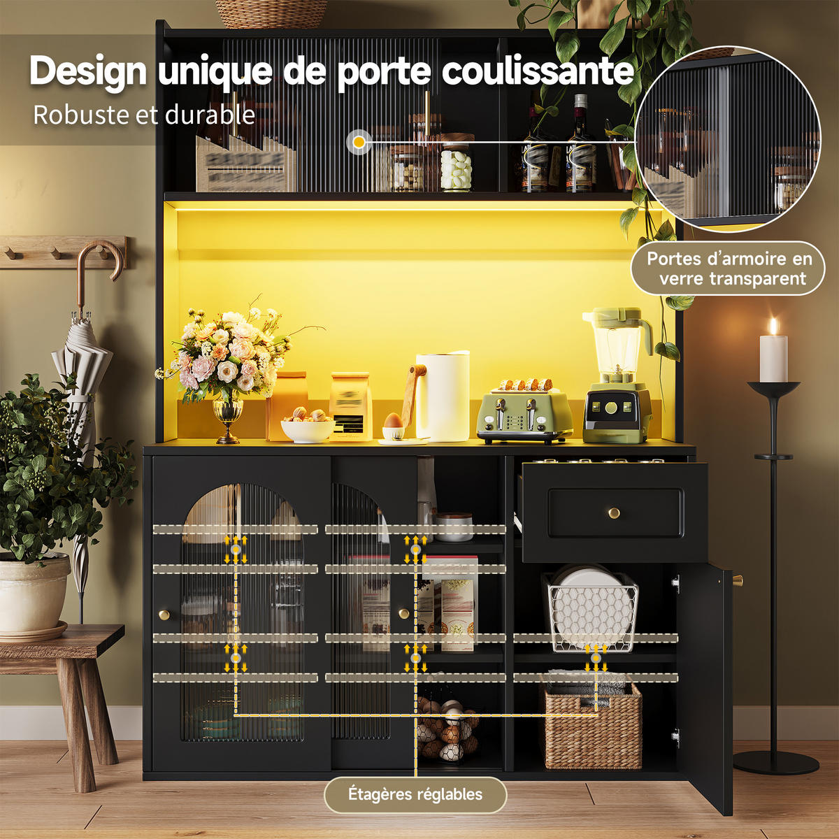 KÜCHENSCHRANK Hochschrank LED Verstellbare Ablagen Schwarz - Schwarz, Holzwerkstoff (120/167/35cm) - FLIEKS