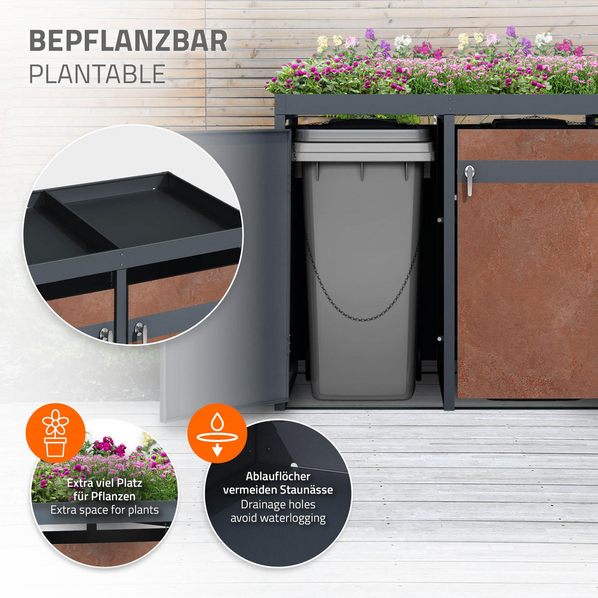 MÜLLTONNENBOX 4er mit Pflanzdach Anthrazit-Rostoptik - Rotbraun, Metall (80/124/264cm) - ML-DESIGN
